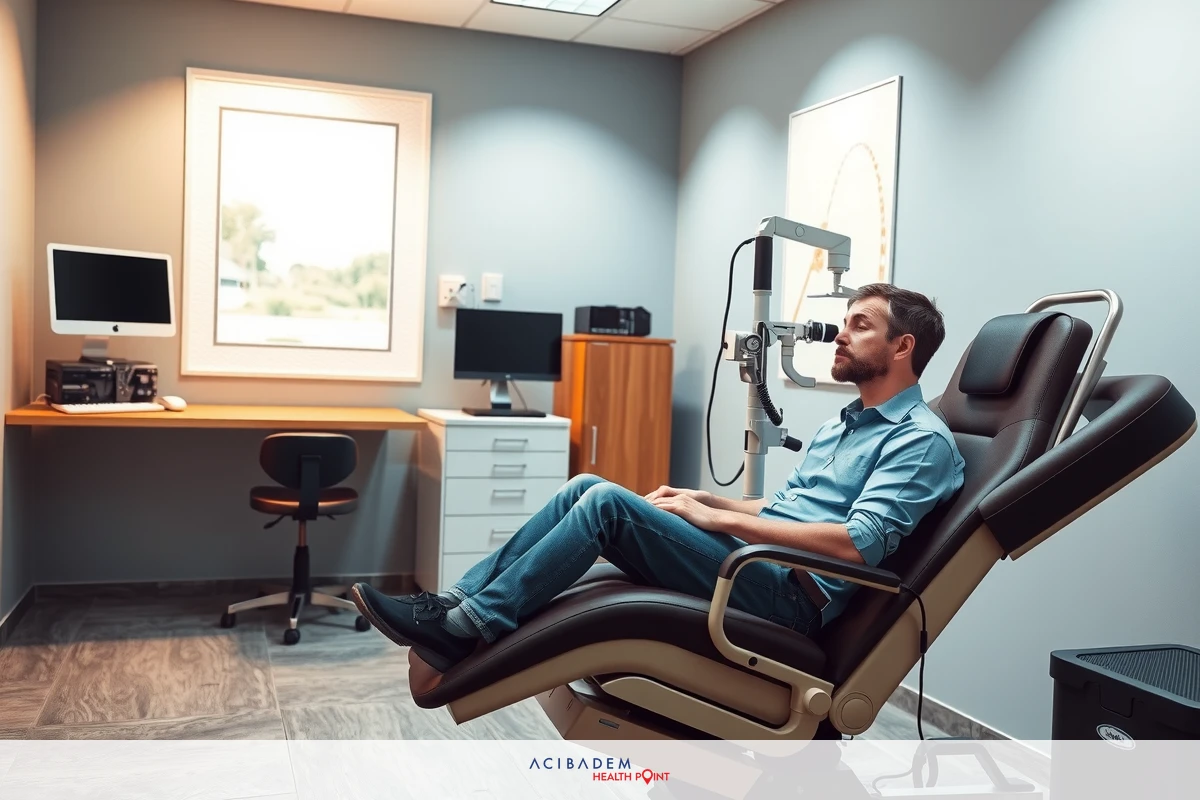 A man in a examination chair, ready for treatment. The room has medical equipment and technology around him.
