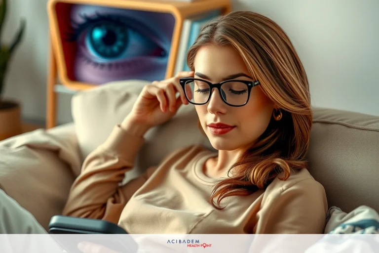 A young woman relaxing on a couch, wearing glasses and looking at her cell phone. The room has modern decor with a color palette that includes neutral tones.