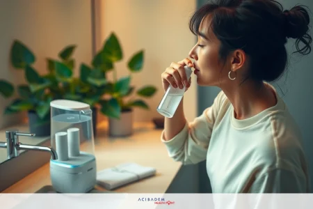 How to Keep Nose Moist After Rhinoplasty The image depicts a young woman in a contemporary setting, likely an indoor bathroom or kitchen. She appears to be using a nasal spray. The environment suggests a clean and modern space with natural lighting illuminating the area.