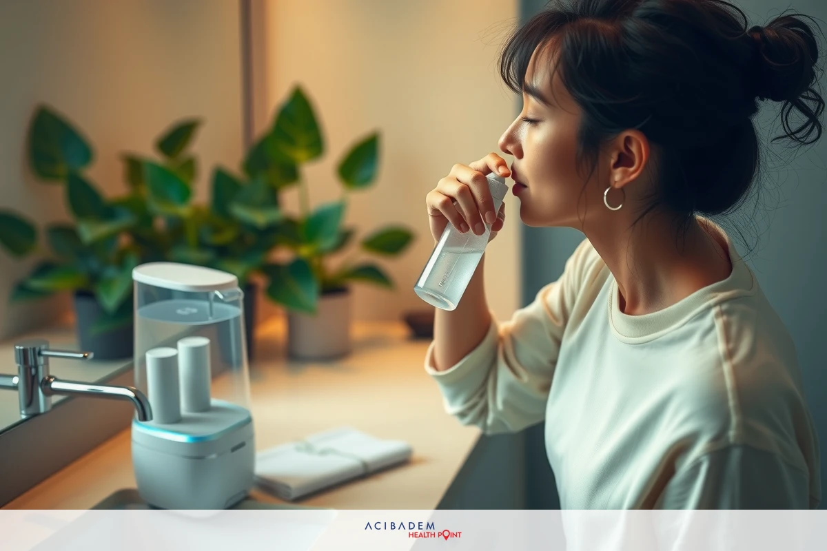 The image depicts a young woman in a contemporary setting, likely an indoor bathroom or kitchen. She appears to be using a nasal spray. The environment suggests a clean and modern space with natural lighting illuminating the area.