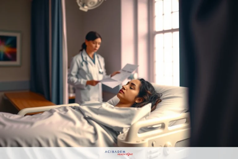 The image depicts a hospital setting with two individuals. One person is lying on a bed, covered with what appears to be medical drapes. The second individual is standing next to the bed, dressed in scrubs which suggests they may be a healthcare professional.