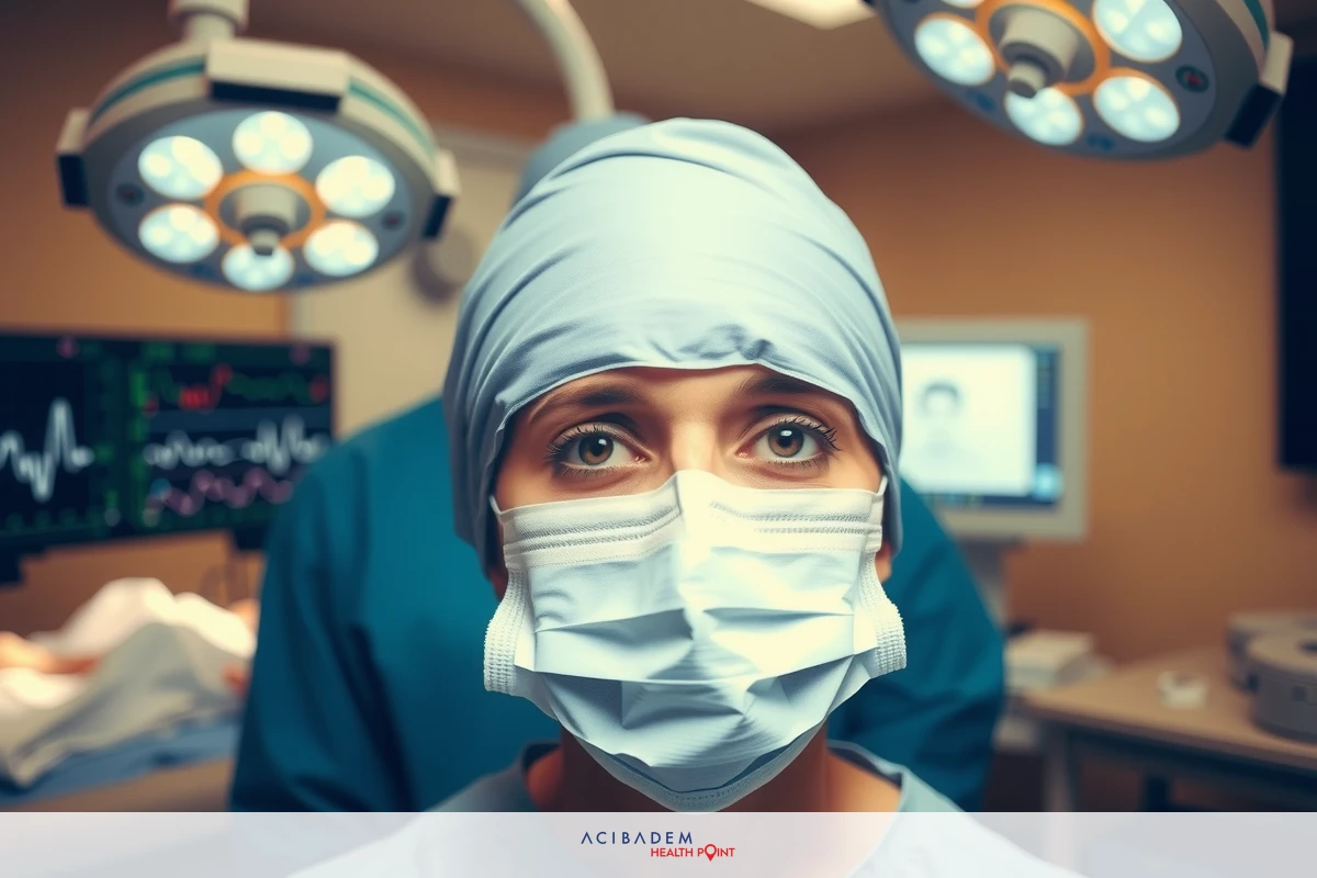 Surgeon in operating room wearing mask. Surgical tools and monitors indicate medical setting.