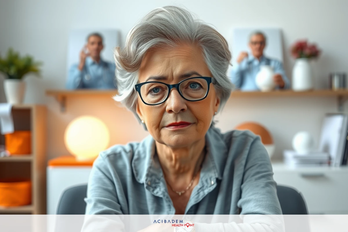 This is a color photograph featuring an older woman with a concerned expression. She has glasses and is dressed in neutral tones. Behind her are two other individuals, one male and the other female, both engaged in conversation.