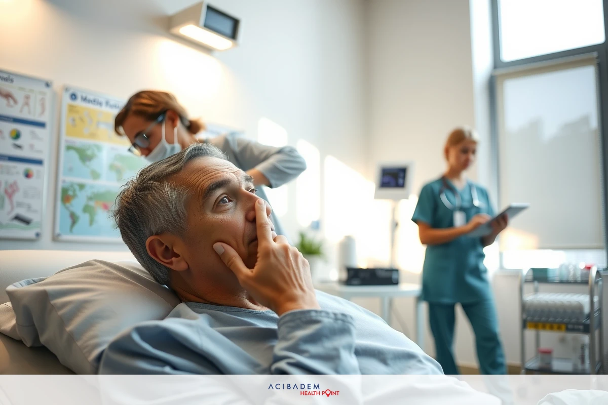 A man lying in a hospital bed with medical staff observing and discussing his condition.