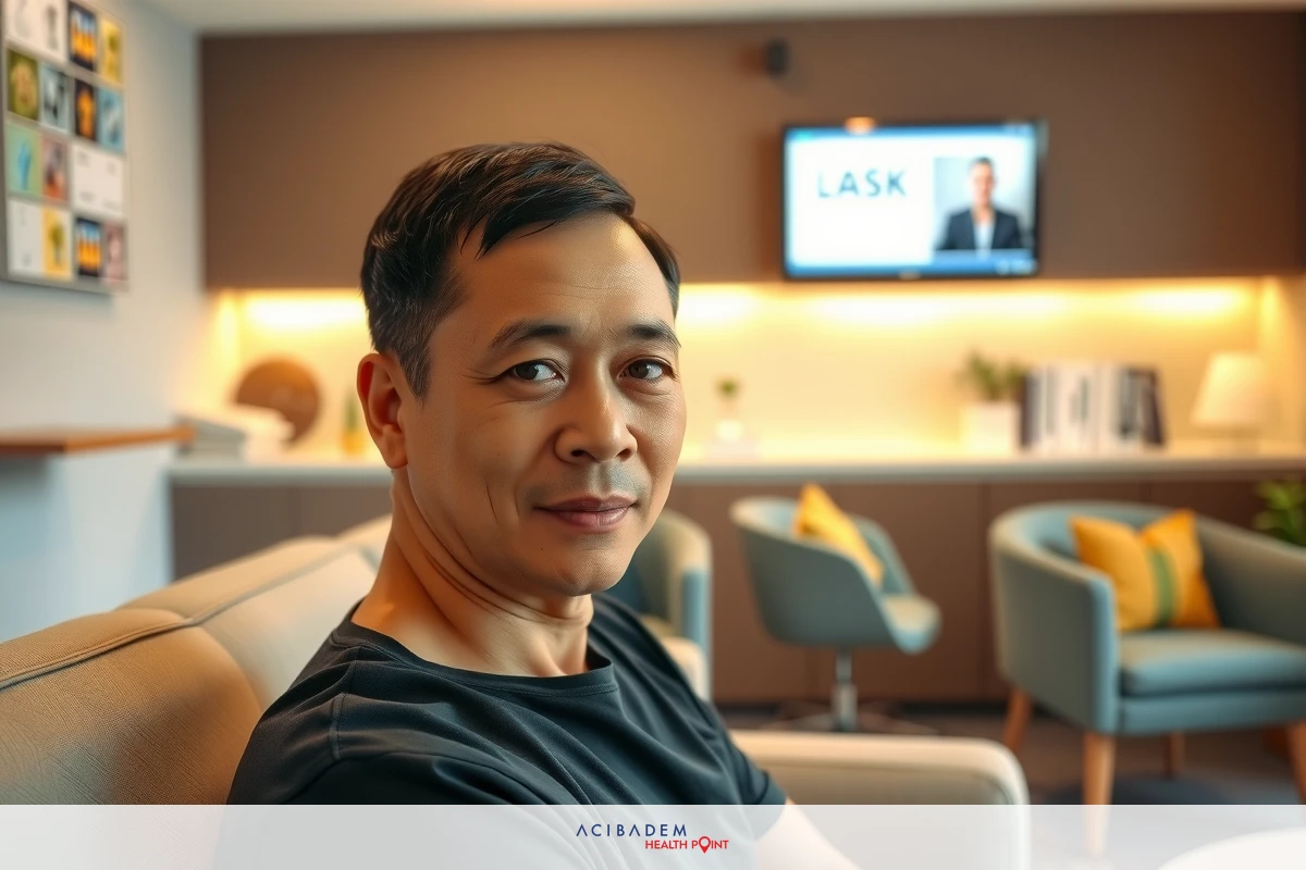 A man is sitting in a modern office environment, wearing a black shirt. He has short hair and appears to be focused or thoughtful.