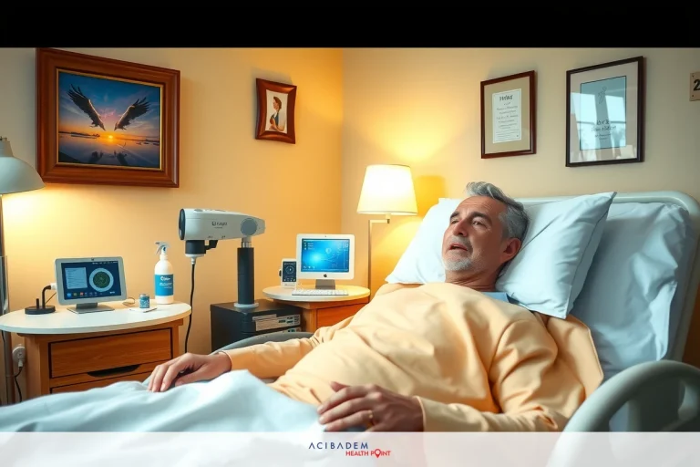 A man lying in a hospital bed with medical equipment around him. He is surrounded by the typical hospital environment including a bedside table, lamp, and framed artwork on the wall.