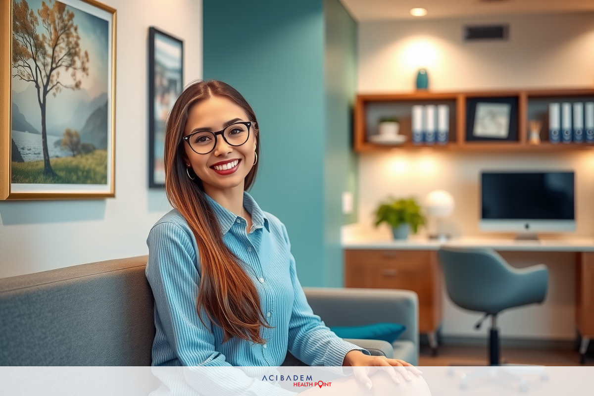A professional office environment with a young woman wearing glasses and a light blue blouse. She is sitting at an empty desk, smiling towards the camera.