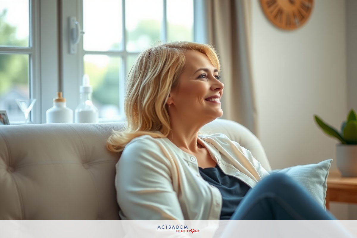 A woman with blonde hair is sitting on a couch, smiling brightly and looking out of the window. She's wearing casual attire. The room has a soft, cozy atmosphere with natural light coming in.