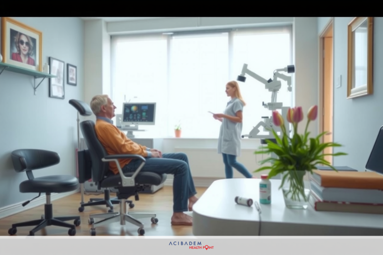 Do They Dilate Your Eyes for LASIK Consultation? A medical clinic scene with a patient seated and a professional, likely doctor or hygienists. They appear to be preparing for an examination.