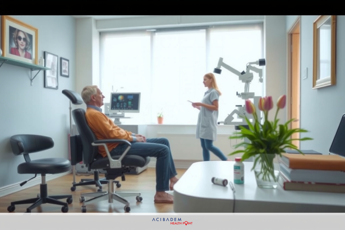 A medical clinic scene with a patient seated and a professional, likely doctor or hygienists. They appear to be preparing for an examination.