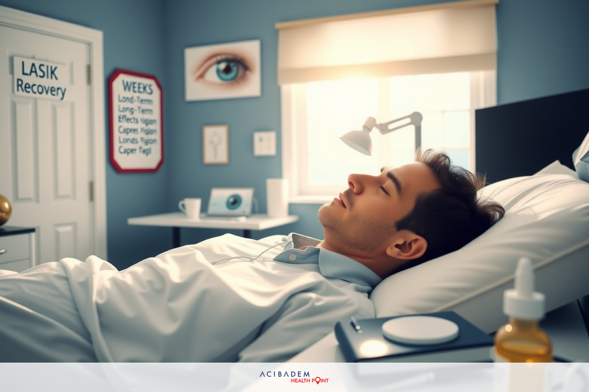 A man is lying in a hospital bed with his eyes closed, possibly resting or recovering. The room has medical equipment and supplies on the nightstands and walls. It appears to be an indoor setting designed for patient care.