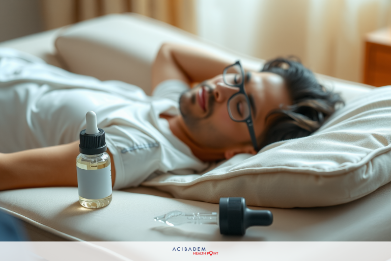 The image shows a person lying down on a bed, possibly in a medical setting. The individual is wearing glasses and appears relaxed with their head resting on a pillow.