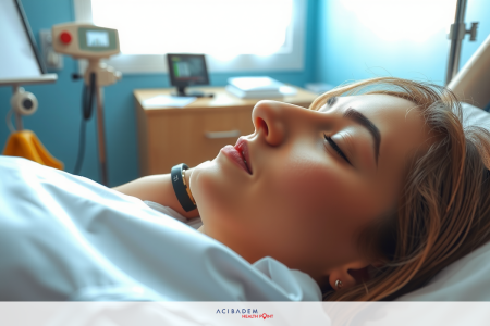The image shows a woman lying in what appears to be a hospital bed, possibly post-surgery or during medical treatment. Her eyes are closed, and she is relaxing with her mouth slightly open. The environment includes medical equipment such as an IV drip stand and a monitoring screen, suggesting that this setting is within a healthcare facility. The colors in the image are muted, focusing on whites and beiges, which aligns with typical hospital color schemes.