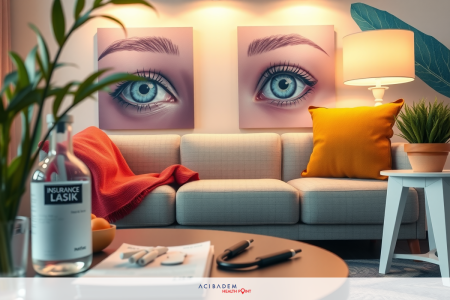 A modern living room with a minimalist design featuring a sofa, decorative pillows, and various plants. The walls are adorned with artwork, including a large abstract piece that resembles eyes.