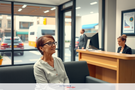 A woman is seated in a lobby waiting area. She appears to be focused on something out of frame, possibly on the reception desk or another person. The environment suggests an office building, with modern furniture and lighting.