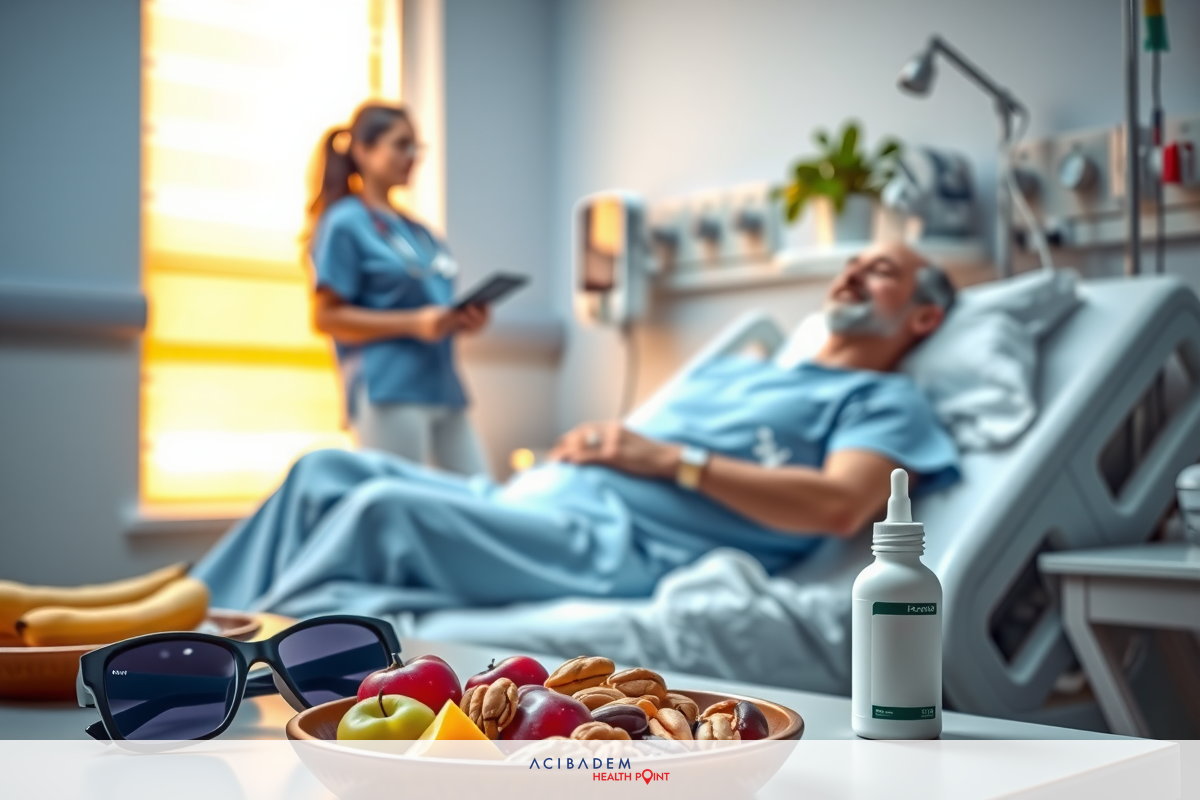 This is a medical setting featuring an elderly patient in hospital bed. A female nurse stands nearby with clipboard, and a tray of food, including fruits, nuts, and water bottle, is on the bed. A tablet rests at the foot of the bed.