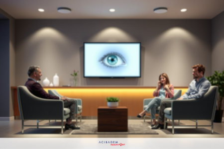 Three people sitting on a couch in a modern, well-lit living room. One person is looking at a large screen displaying an eye image.