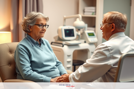 Does Laser Eye Surgery Work? An elderly woman and a doctor are seated together in an office environment. They are engaged in a conversation, with the doctor holding a clipboard. The office has medical equipment visible in the background.