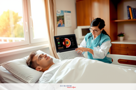 An image of a hospital room where a nurse is assisting with patient monitoring. The patient is lying in bed, being checked by the nurse using medical equipment on a laptop screen. The environment suggests a modern healthcare facility.