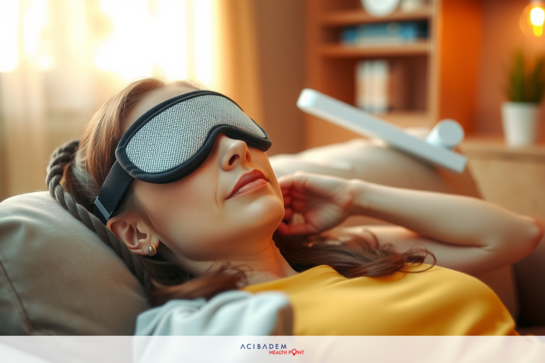 The image shows a woman in an indoor setting, lying down comfortably with closed eyes and a neutral expression. She appears to be relaxed or possibly sleeping.