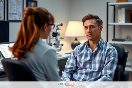 In a professional office setting, a man sits at a desk with books and papers while an older woman wearing glasses examines his eyes through an ophthalmoscope. The scene suggests a medical consultation.