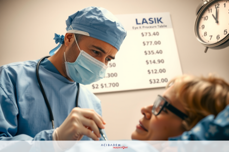 The image depicts a medical scene, focusing on a male surgeon wearing a surgical mask and gown standing over a female patient who is also in the same surgical attire. They are both positioned around what appears to be an operating table, and there's a whiteboard with visible price lists for procedures or services rendered at this location.
