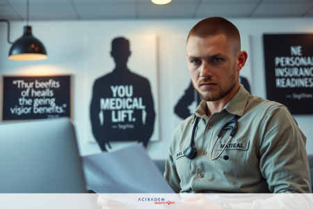 The image features a male paramedic in an office setting. He is seated at a desk, focused on reading a document. The background has motivational and medical themed posters. His attire suggests he is a professional in the field of healthcare.