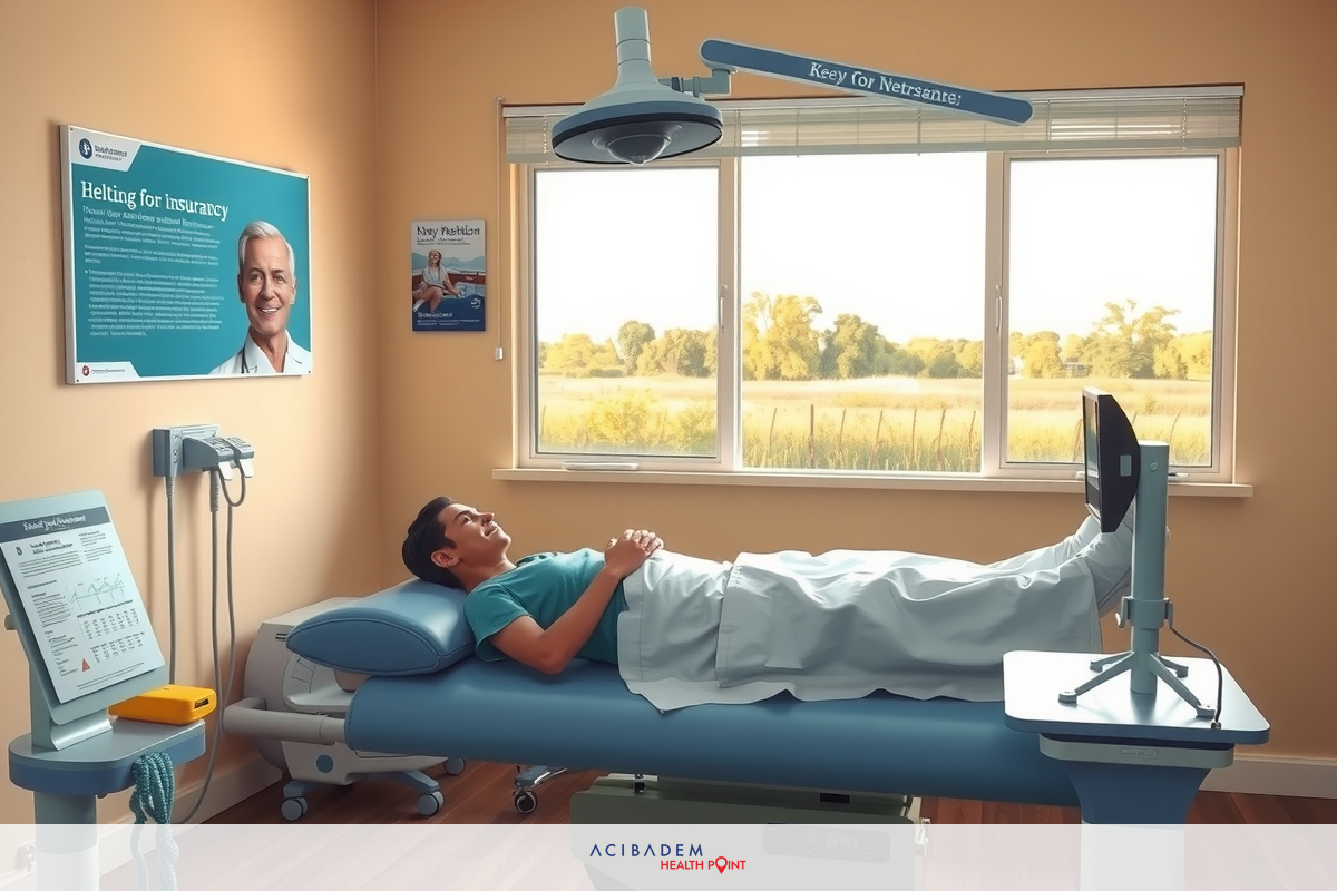 The image shows a medical room setup with a man lying on a hospital bed. The environment appears to be a clinical space, possibly in a doctor's office or healthcare facility.