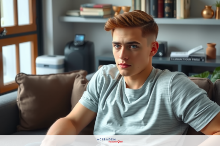 A young man with red hair and a beard, wearing a grey hoodie, sits on a black couch in a living room. There are books and a vase visible in the background.