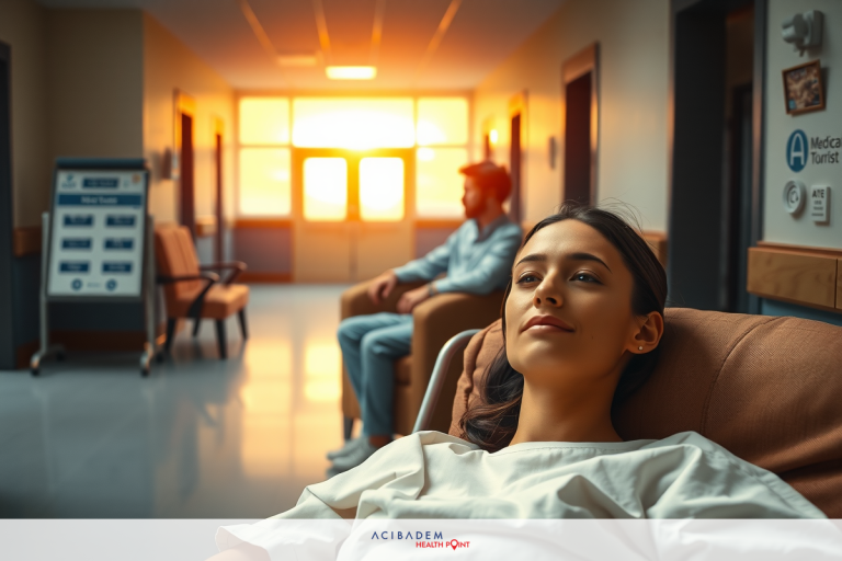 Medical scene with woman on hospital bed, sunset behind her. Man sits in chair nearby, both looking toward the window. Bright lighting suggests it's evening or early morning.
