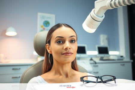 The image shows a woman seated in what appears to be an optometrist's office. She is looking at the camera with a focused expression.
