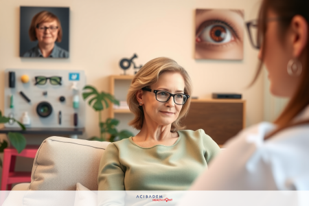 This image shows a conversation taking place in what appears to be an indoor setting, possibly a doctor's office. An older woman is seated on a couch, wearing glasses and a light-colored top, while another person stands facing her, engaged in discussion. The room has a modern feel.