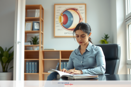 The image shows a woman seated at an office desk, engrossed in reading from a notebook. She is dressed in professional attire including a jacket and pants. A comfortable office chair is visible behind her, which is typical for an executive workspace environment.