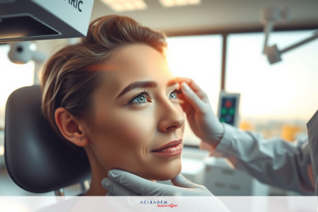 Is Eye Laser Surgery Covered by Medicare? Woman in modern medical chair with doctor using device on her eyes. Eye examination in a clean, professional environment.