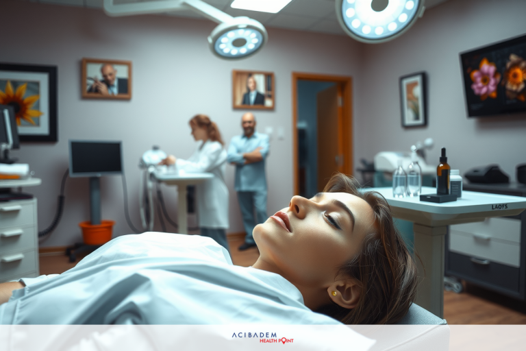 Medical setting with doctor and patient. Patient lying on hospital bed, looking up at the ceiling. Doctors standing over her in surgical attire, observing her condition.