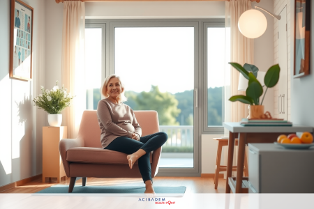 How Do You Qualify for Laser Eye Surgery A woman sitting in a living room with a sliding glass door. She is wearing a grey top, has bare feet and is holding her legs up in front of her. The room is brightly lit with natural light coming from the right side through the window, creating warm colors on the walls and floor.