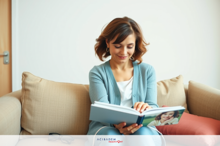 The image depicts a woman sitting on a couch, holding an open book. She is dressed in a casual manner with a gray cardigan over a white top, and blue jeans.