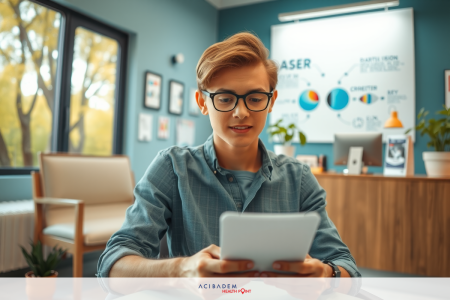 The image shows a young adult male seated at a desk in an office environment. He is wearing glasses, a plaid shirt and has blonde hair.