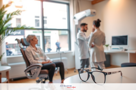 The image depicts a medical examination in progress, with a patient seated and two doctor standing nearby. The setting appears to be a modern medical office, equipped with contemporary a examination chair and examination equipment.