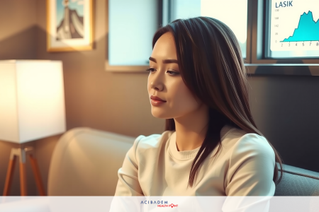 The image shows a woman sitting on the edge of a couch in an indoor setting. She is wearing a white blouse and appears to be engaged in a conversation or looking at something with a serious expression. The room has a modern decor with a large window providing natural light.
