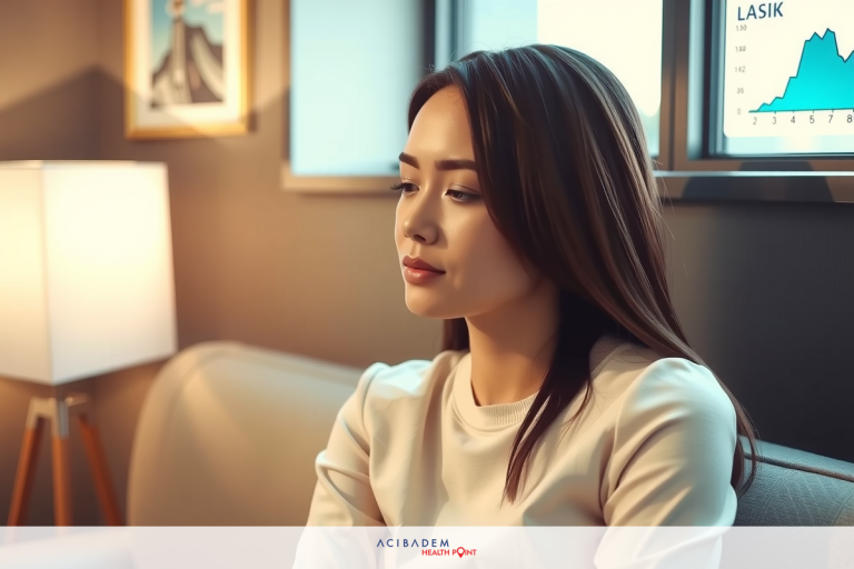 Does LASIK Affect Eye Color? The image shows a woman sitting on the edge of a couch in an indoor setting. She is wearing a white blouse and appears to be engaged in a conversation or looking at something with a serious expression. The room has a modern decor with a large window providing natural light.
