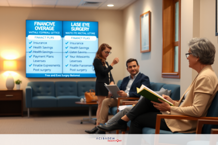How Much Does Laser Eye Surgery Cost A room with three people sitting on couches watching a large screen displaying financial and healthcare information. The environment is professional, possibly a waiting area in a corporate or medical setting.