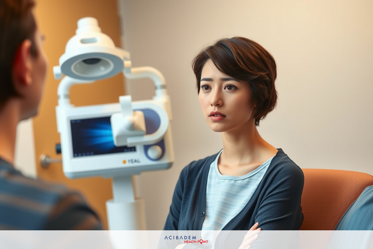 A woman is sitting in a dental examination chair with her arms crossed, looking concerned. A ophthalmologist stands beside her.