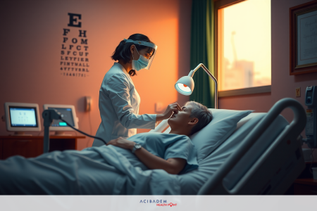 Medical professionals in a hospital room, one wearing protective gear as part of health and safety protocols. An examination underway.