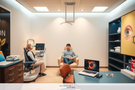 What Laser Eye Surgery Does A professional, well-lit optometrist's office featuring a patient in the chair. There is eye examination equipment visible and a desk with a laptop and other medical supplies. The room has white walls.