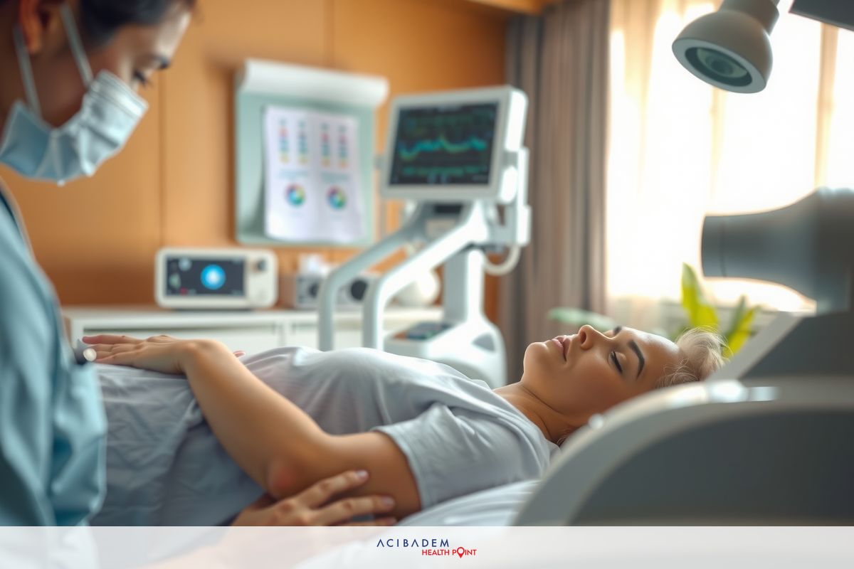 In a clinical setting, a medical professional attend to a patient lying on a hospital bed. One nurse stands at the head of the bed, with her face partially obscured by a surgical mask, while the other nurse is visible in the background. The woman being attended to appears relaxed and compliant during the examination.