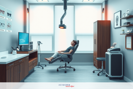 Can Laser Eye Surgery Be Repeated? Modern medical office, featuring ergonomic chair with patient seated. Office has sleek design with tech accessories and natural light from windows.