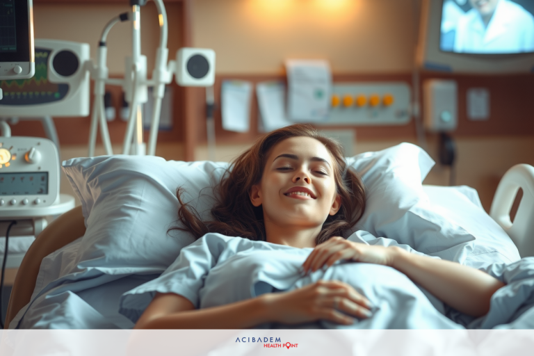 The image shows a hospital scene with a woman lying in a bed. She is smiling and appears to be in good spirits despite being in the hospital. There are medical equipment and devices around her.