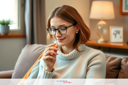How Often Should I Use Lubricant Eye Drops After LASIK A woman in glasses, sitting on a couch in a cozy living room, holding something small to her nose with a smile. She is wearing a sweater and appears relaxed.