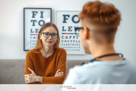A woman is sitting on a couch with crossed arms. She is wearing a red t-shirt and glasses, facing a man who appears to be an eye doctor.